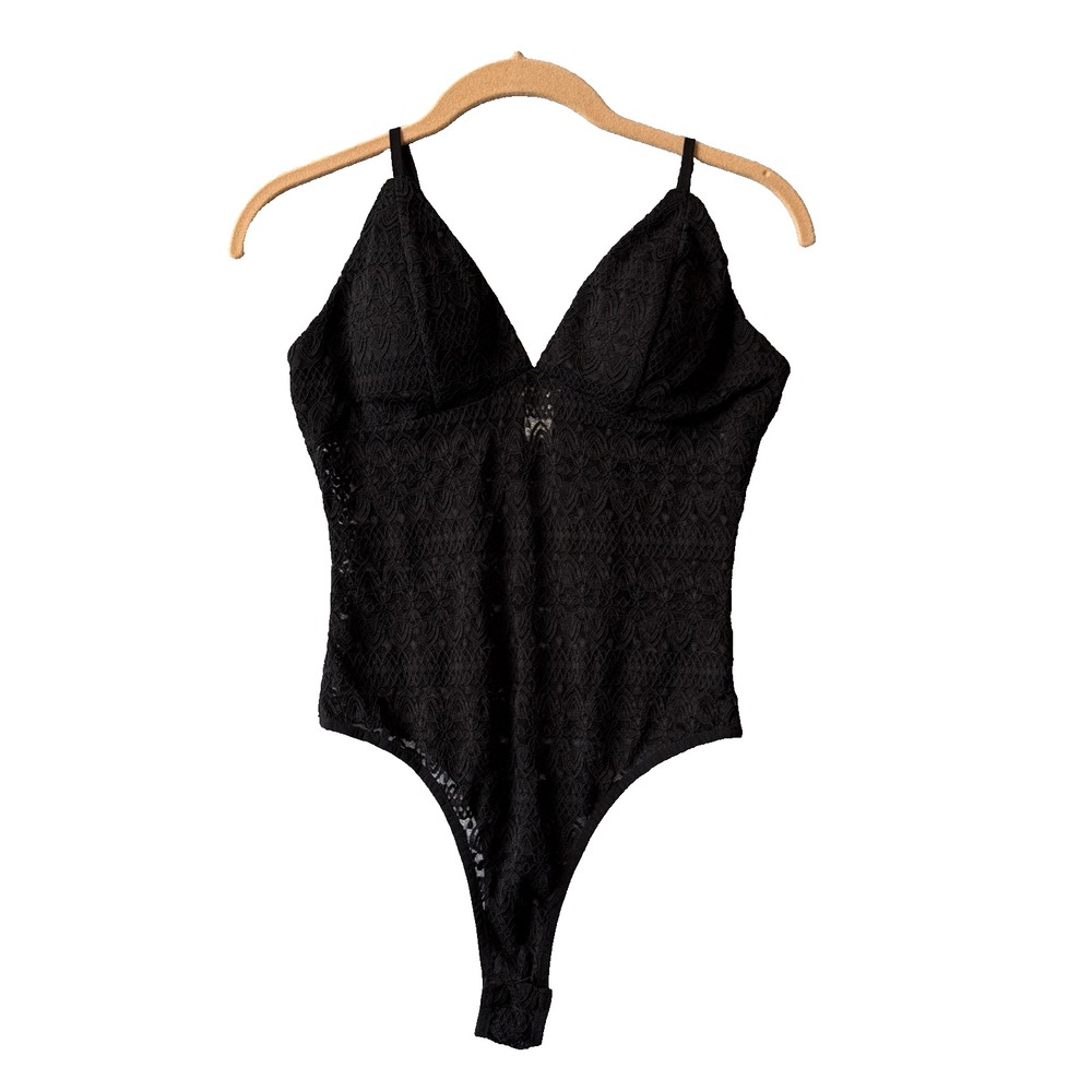Boho Black Sheer Lace Bodysuit M Thong Camisole V Neck Cami Clubwear Sexy Top
